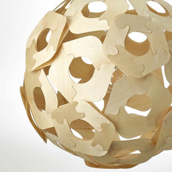 Spherical pendant lamp with intricate geometric wooden cutouts, showcasing high-quality craftsmanship and a natural finish.