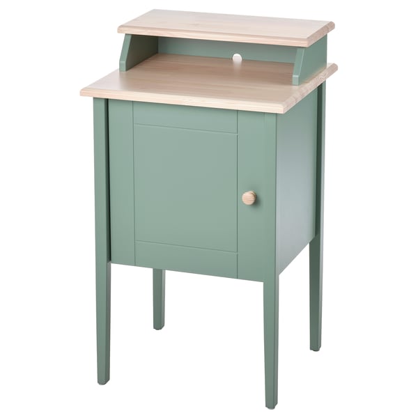 Green OLDERDALEN bedside table with wooden top, open & closed storage, scandinavian modern design.
