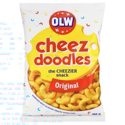 Olw cheez doodles bag, original flavor cheese puffs, 160g, bright yellow packaging.
