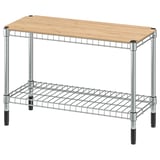 A silver wire rack with a wooden top shelf and a bottom shelf, designed for storage or as a work table.