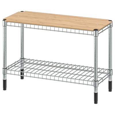 A silver wire rack with a wooden top shelf and a bottom shelf, designed for storage or as a work table.