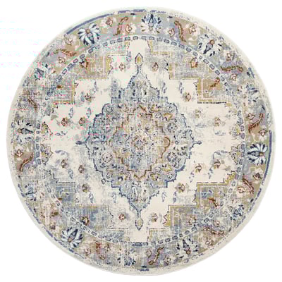 Rug: ONSEVIG, round, light beige, floral pattern, synthetic material.
