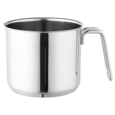 A silver OUMBÄRLIG saucepan with stainless steel handle and protector, induction-compatible, ideal for stovetop and oven use, even heat distribution.