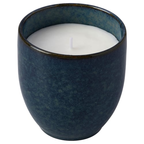 PÄRLHÖNA Scented candle in ceramic jar, Bergamot & white tea blue, 40 hr