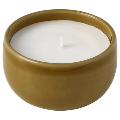 PÄRLHÖNA Scented candle in ceramic jar, Rose & carnation yellow, 20 hr