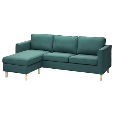 Teal sectional sofa, sleek design, wooden legs, thick cushions, corner chaise.