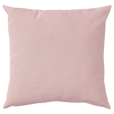 A square cushion, PARADISBUSKE, soft blush color, textured wavy design, made from recycled materials.