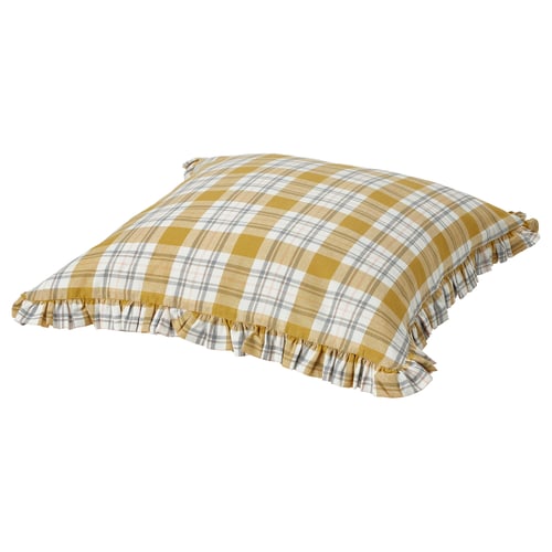 Yellow plaid pillow with ruffled edges.