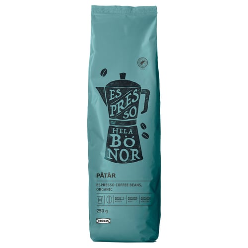 Blue PÅTÅR coffee bag by IKEA. Shows espresso maker and beans.