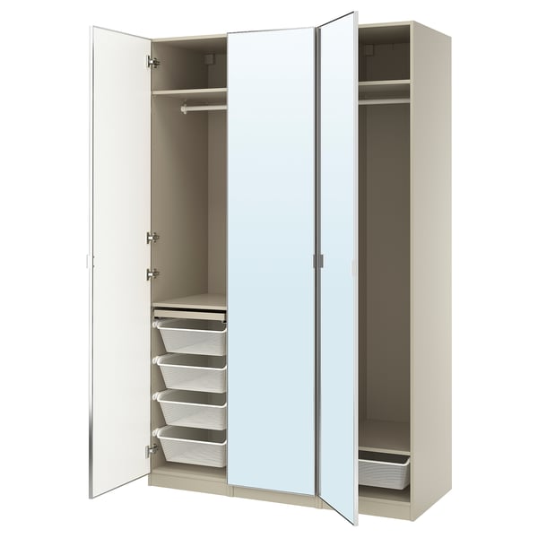 PAX wardrobe with white baskets and mirror doors, modern storage solution.