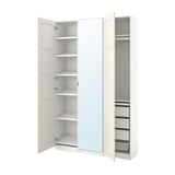PAX tall white closet, mirrored doors, shelves, drawers, and hanging space.