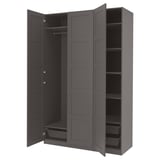 Open gray PAX wardrobe with mesh basket, shelves, and hanging space.