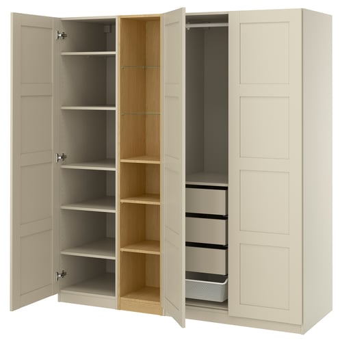 PAX / BERGSBO Wardrobe combination, grey-beige grey-beige/oak effect, 185x60x201 cm