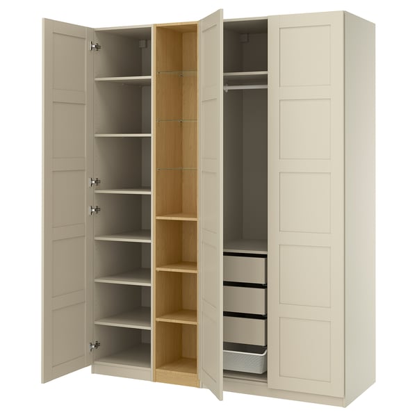 PAX / BERGSBO Wardrobe combination, grey-beige grey-beige/oak effect, 185x60x236 cm