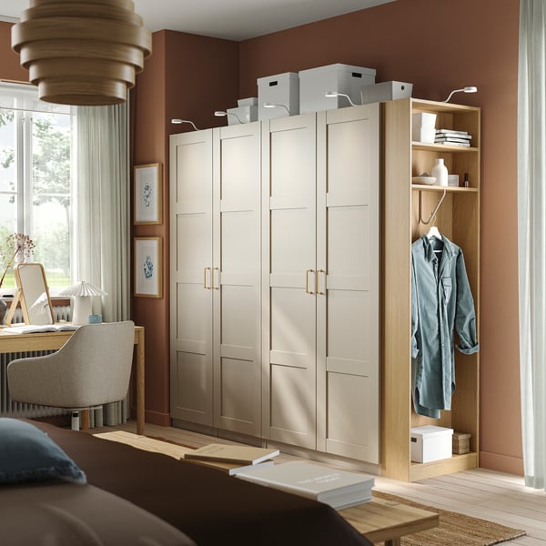 PAX / BERGSBO Wardrobe combination, grey-beige grey-beige/oak effect, 220x60x201 cm