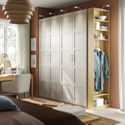 PAX / BERGSBO Wardrobe combination, grey-beige grey-beige/oak effect, 220x60x236 cm