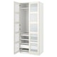 A white ikea PAX wardrobe with glass doors and drawers. It has a sleek modern design.