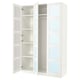 White PAX wardrobe with mirrored glass doors, adjustable shelves, soft-closing hinges.