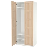 Ikea PAX wardrobe, white with light oak doors, standing open showing shelves.