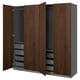 PAX wardrobe, dark brown wood, tall & wide, bi-fold doors open to shelves & drawers, classy & functional.