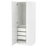 A white ikea PAX wardrobe with mirrored doors, sliding drawers, and shelves inside.