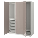 An open beige PAX wardrobe with shelves, drawers, and baskets.