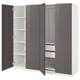 Ikea PAX wardrobe in grey with white interior, open doors displaying shelves and drawers, modern minimalist design.