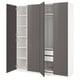 A grey and white ikea PAX wardrobe with open doors revealing shelves and drawers.