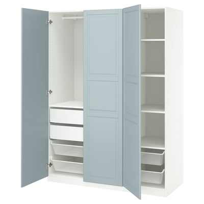 Blue and white PAX wardrobe with drawers, shelves, and mesh baskets for storage.