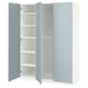 Option: Ikea PAX wardrobe in blue, light wood interior, adjustable shelves, soft-closing doors.