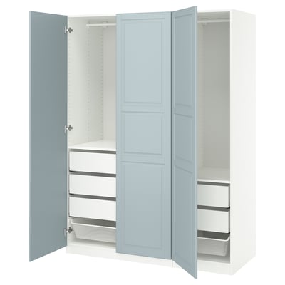 Ikea PAX blue 3-door wardrobe with mesh baskets and drawers.
