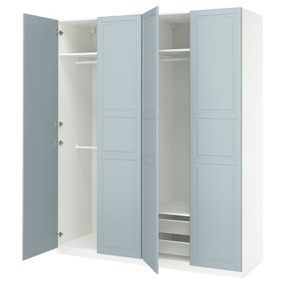 Blue PAX wardrobe, open, light wood interior, adjustable shelves.