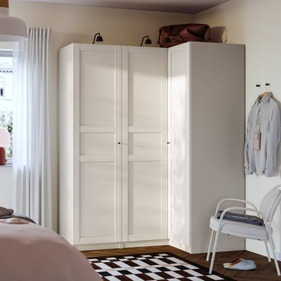 PAX / FLISBERGET Corner wardrobe, grey-beige/light beige, 161/111x201 cm