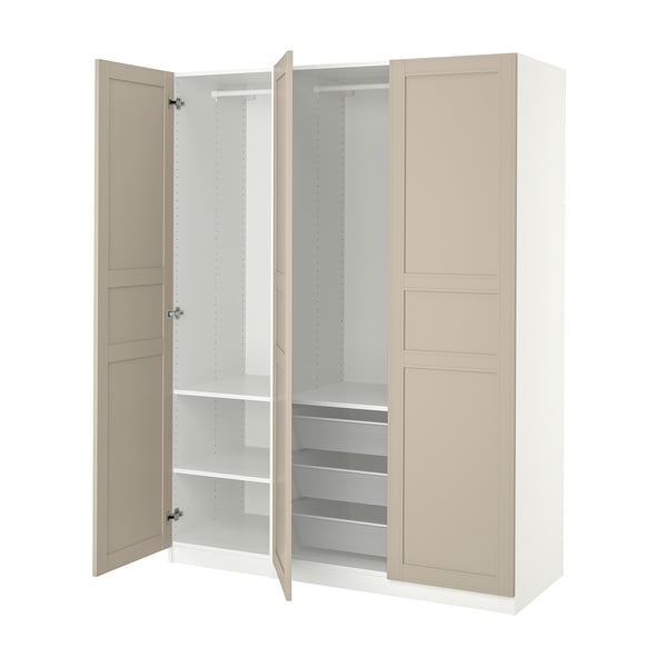 White ikea PAX wardrobe with beige doors, open showing wire shelves and mesh baskets.