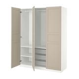 White ikea PAX wardrobe with beige doors, open showing wire shelves and mesh baskets.