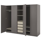 A gray PAX wardrobe with open doors, revealing adjustable shelves and drawers.