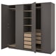Modern grey wardrobe with four open doors revealing wooden shelves and drawers.