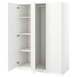 White PAX wardrobe, two open doors, three shelves, metal hinges, minimalist design.