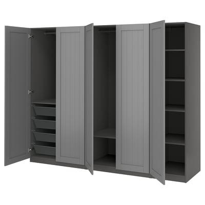 Gray PAX wardrobe with open doors, shelves, and mesh baskets; modern design.