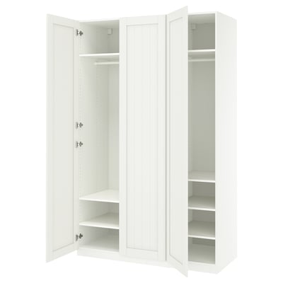 A white ikea PAX wardrobe with open doors, revealing empty shelves and a hanging rod inside.