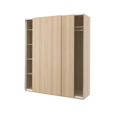 Light wooden PAX wardrobe with sliding doors, three shelves.