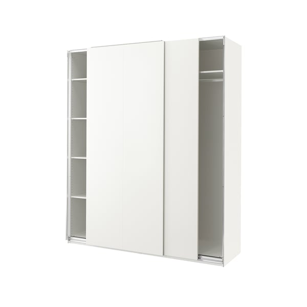 A white PAX wardrobe with sliding doors and open shelves.
