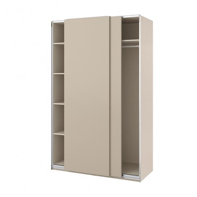 A beige ikea PAX wardrobe with sliding doors and internal shelves.