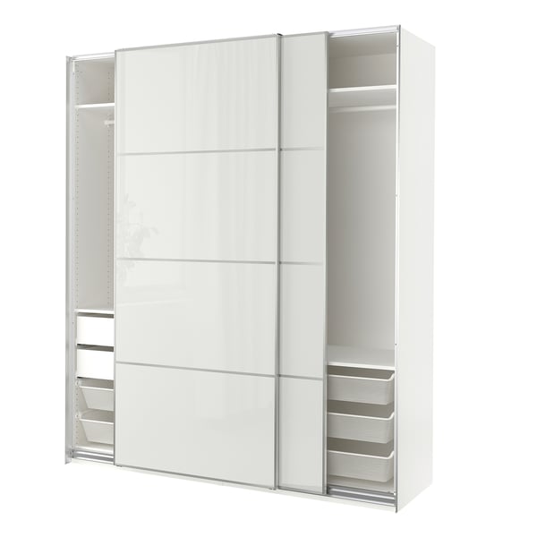 White PAX wardrobe with mirrored sliding doors, containing shelves and mesh drawers, offers modern storage.