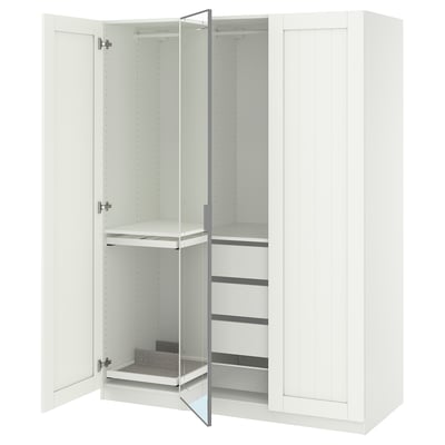 White PAX wardrobe combination, mirrored doors, soft-close hinges, particleboard, rectangular shape.