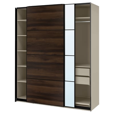 PAX / MEHAMN/AULI Wardrobe with sliding doors, grey-beige black/dark brown oak effect mirror glass, 200x66x236 cm