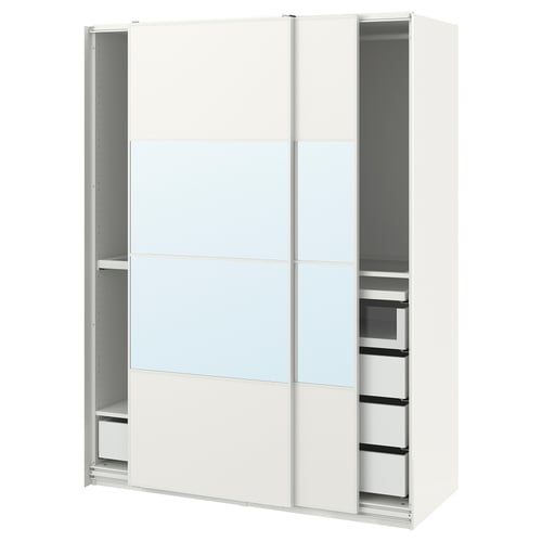 A white ikea PAX wardrobe with mirrored glass doors, metal rail hardware, and internal drawers and shelves for clothing storage.
