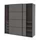 Modern dark grey sliding door wardrobe with mesh drawer, minimalist design.
