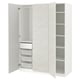 PAX wardrobe, white, modern design with shelves, drawers, hanging rail, mesh baskets, sleek doors with organic pattern.
