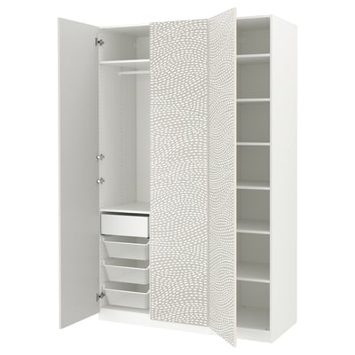 A white PAX wardrobe with mesh baskets and adjustable shelves.